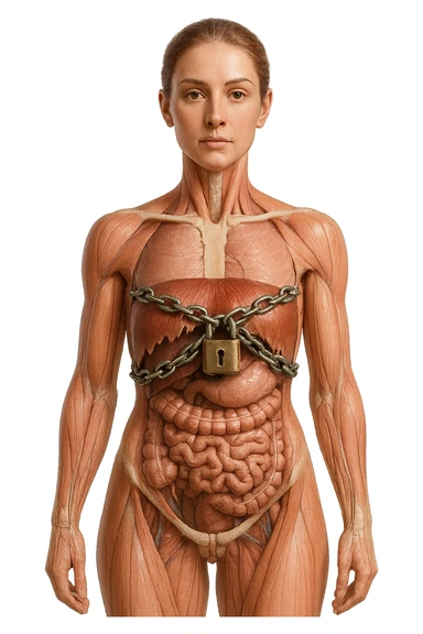corpo umano anatomico di una donna con diaframma in evidenza, diaframma chiuso da catena e lucchetto, iperrealistica 4k sticker