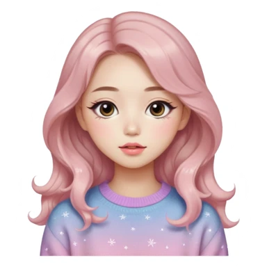 “korean Emoji girl, soft eyeliner, gradient rose lips, light brown shimmer eyeshadow, sparkly aegyo-sal, long wavy hair, cozy pastel sweater.” sticker