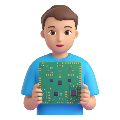 young boy, short hair, friendly neutral face, holding two computer chips, shirt with tech circuit board pattern, one half of face covered with metallic AI or neural network design, apple 3D emoji style, soft gradients, clean shapes, vibrant realistic colors sticker