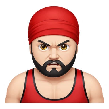 White skin fat guy with black durag, black beard, black eyes in a red and black wrestling singlet with angry face sticker