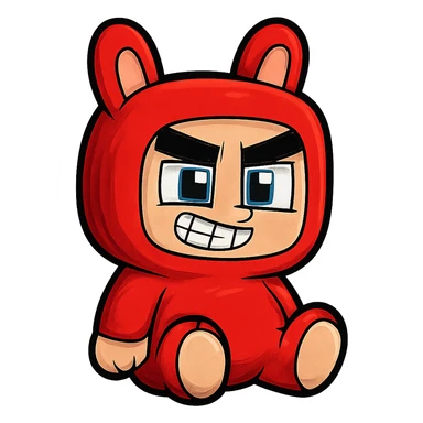 Extract and isolate the small character in the red bunny suit from the image, placing them on a transparent background, keeping the original Minecraft cartoon style and appearance. sticker