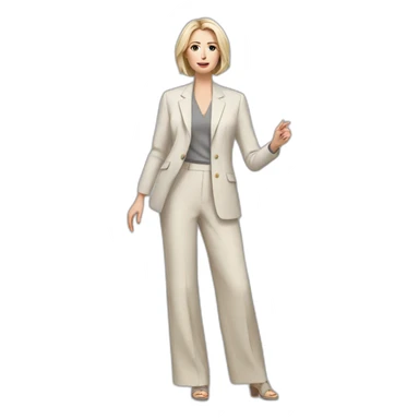 Full height Actively gesturing with hands pale skin woman with ash blonde Straightened bob Hair, White Spacious classical jacket, beige palazzo Arrow pants and gray blouse sticker