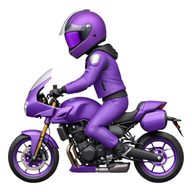 Créer un emoji avec une moto mt07 sport noir mate / violet iridescent très foncé. Avec une pilote dessus visière violet sombre faceless, bulle de la moto violet. Avec fond arrière violet, tenue complète casque inclus violet  sticker