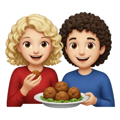 Ragazza bionda leggermente riccia che ride ad un ragazzo con i capelli ricci scuri mentre mangia polpette sticker