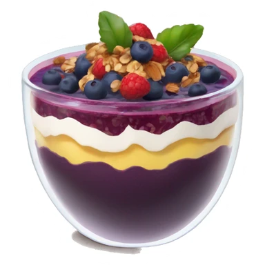 Açaí in a clear cup with layers of fruits and granola and condensed milk sticker