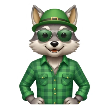 friendly anthropomorphised wolf in green plaid shirt and green attire for St. Patrick's Day, wearing dark sunglasses, festive pose sticker