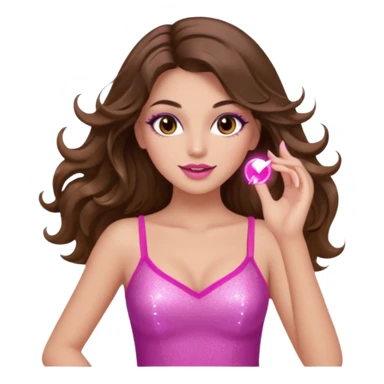 girl with long wavy brown hair, brown eyes, long lashes makeup, sexy pink lips, light to medium complexion, pink sexy top, dancing, sparkling sticker