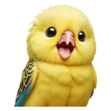 Cinematic Cute Yawning Yellow Budgie Portrait Emoji, Head tilted slightly with a dramatic, wide-open yawn, showcasing a soft, downy yellow feathered fur with gently drooping wings, round dark eyes barely open in drowsy contentment, Simplified yet irresistibly adorable features, highly detailed, glowing with a soft, cozy glow, high shine, relaxed yet expressive, stylized with a touch of whimsy, bright and endearing, soft glowing outline, capturing the essence of a sleepy yet affectionate budgie, so drowsy it feels like it could stretch out of the screen and curl up for a nap! sticker
