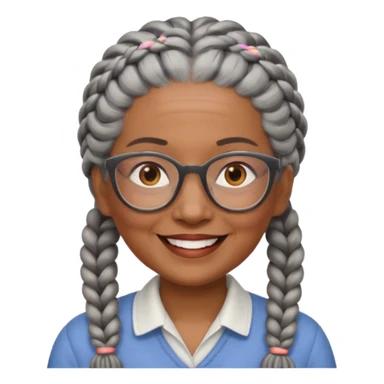 Older woman of color with gray braids, glasses and smiling sticker