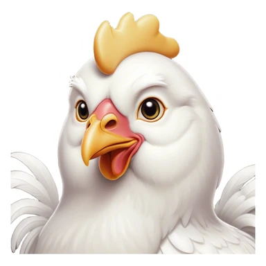 Cinematic Noble White Chicken Portrait Emoji, Poised and regal, with a compact, sturdy build and a pristine, well-groomed pure white plumage, deep-set soulful beady eyes, Simplified yet sharp and sophisticated features, highly detailed, glowing with a soft, dignified glow, high shine, intelligent and alert, stylized with an air of barnyard elegance, focused and attentive, soft glowing outline, capturing the essence of a watchful and confident fowl, so majestic it feels as though it could strut out of the screen with effortless authority! sticker