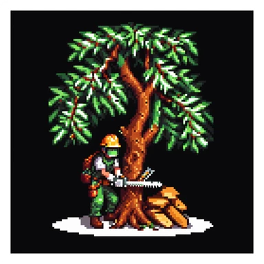 professional arborist cutting down a large tree with chainsaw, wearing safety helmet and protective gear. Scene includes detailed tree trunk, falling wood pieces, forest background, dynamic movement, and emphasis on expertise and safety in tree removal sticker