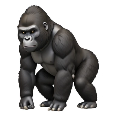 cinematic-friendly gorilla-realistic-full-body-crouched on all fours-emoji,-broad-and-powerful-frame-poised-with-confidence,-massive-arms-hanging-slightly-forward,-head-tilted-thoughtfully,-thick-black-fur,-deep-dark-eyes-full-of-intelligence,-simplified-yet-realistic sticker