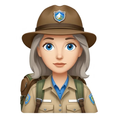 white woman park ranger with blue eyes, brown and gray hair, wearing a backpack sticker