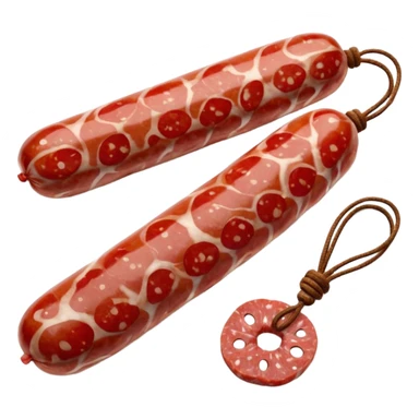 whole dry-cured sausage white-mottled casing tied with string sliced end marbled red meat and white fat round slices beside glossy speckled irregular edges soft lighting emoji scale sticker