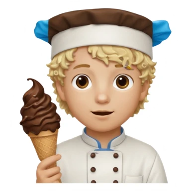 boy blonde curly hair, chef, eating chocolate ice cream sticker