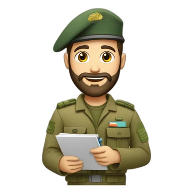 bearded man IDF soldier happy holding notebook and pen sticker