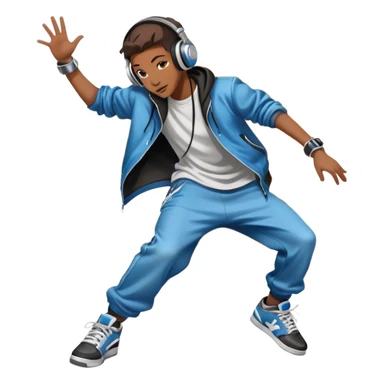 Icon for Street Dance: a dancer in urban streetwear performing a dynamic lower breakdance move, with a spray-painted background, headphones, and a boombox on the asphalt. The icon should capture the energy, style, and creativity of street dance culture. Transparent background. sticker