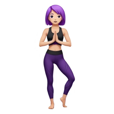 A woman with purple hair standing tall in mountain pose, wearing a black yoga outfit, calm expression, mandala background, digital art style. sticker