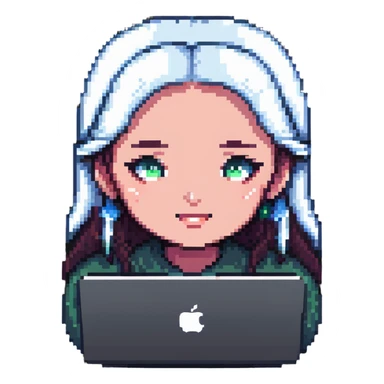 a girl's face working behind a MacBook, pixel art style sticker