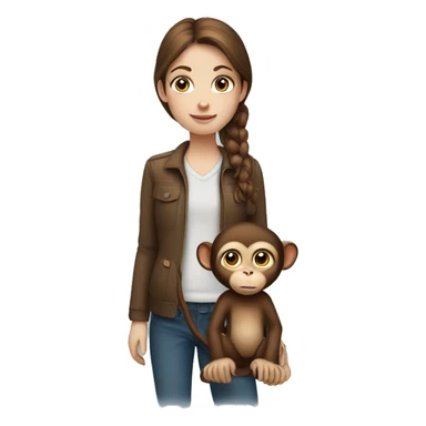 a girl with brown hair and blue eyes holding a monkey sticker