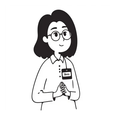 Asian girl, glasses, white shirt, work tag with her Asian young male boss's name, simple line drawing style sticker
