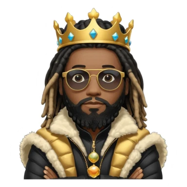 African American man with shoulder length black dreadlocks with black beard wearing  dark black sunglasses with a black bubble winter coat wearing a crown with arms folded sticker
