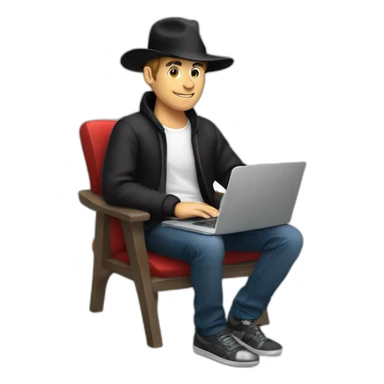 tech white guy with black hat holding a apple laptop in the lap sticker