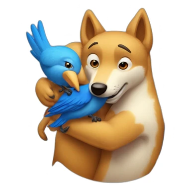 Anthropomorphic dingo giving an anthropomorphic blue bird a hug sticker