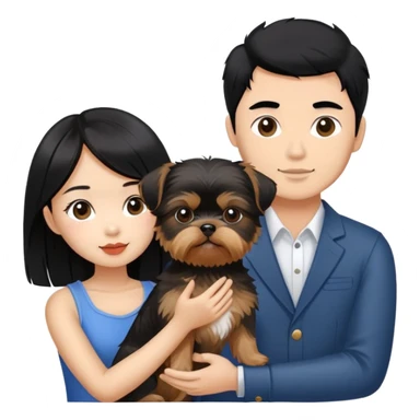 beautiful asian girl with black hair holding a yorkshire terrier, standing next to her tanned boyfriend holding a shih tzu sticker