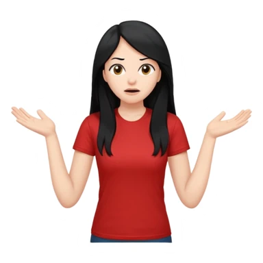 빨간색 티셔츠를 입고 긴 검정머리를 가진 여성이 모르겠다는 듯이 어깨를 올리고 고개를 살짝 왼쪽으로 틀고 왜?라는 제스처를 하고있음 🤷🏻‍♀️ sticker