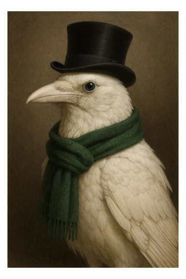 a white crow with a green scarf and a top hat sticker