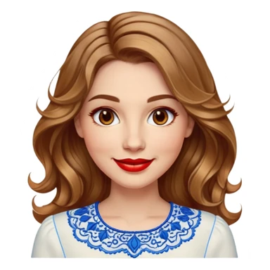 Friendly woman in her late 30s with luminous fair skin, round face, wide smile, large light brown eyes, vibrant red lips, shoulder-length dark blonde wavy hair with highlights, wearing white blouse with blue embroidery and electric blue neckline sticker
