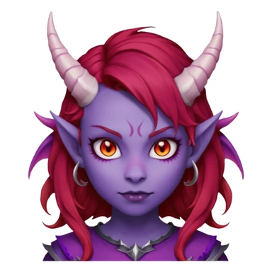Demon Girl Purple Skin Dragon Horns Black Eyes Red Glowing Pupils Auburn Haired Red Shirt  sticker