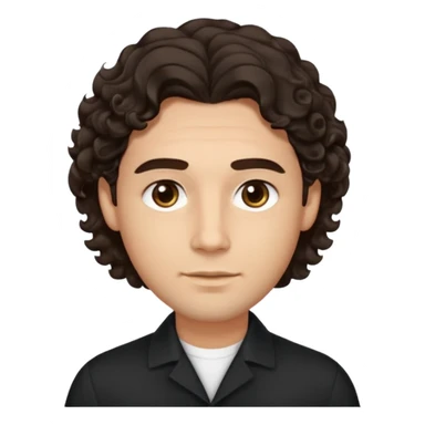He’s a man with light to medium skin, a defined oval face, full brows, deep-set eyes, and voluminous wavy to curly dark brown hair styled with height. expression calm and focused relaxed black open-collar shirt.polished, articulate, and professional vibe. sticker