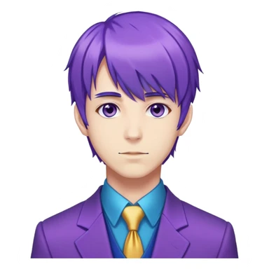 white man, purple hair with bangs and blue highlights, kinda tall, wearing a purple carnival outfit (smth like a suit), and looks like an anime character. sticker