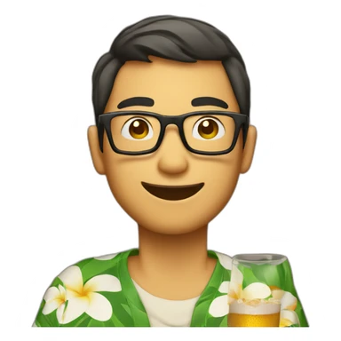 Japanese wearing glasses alohashirt is holding beer sticker