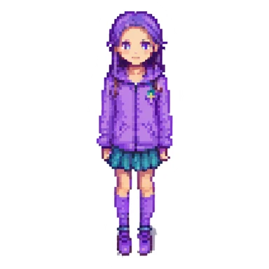 Change the girl's clothes to purple, keep the pixel art style, with no background. sticker