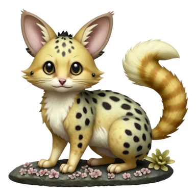 Hyper realistic  lichen-grey fur peppered with glowing fungus dots and damp stone tones beautiful elegant pretty precious cute  Fakémon-Pokémon-opossum-feline-serval-caracal-chinchilla-Furret-Minccino-hybrid-creature with a big fluffy bushy tail (full body) sticker