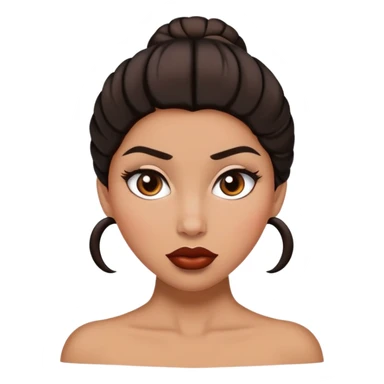 Une femme noir avec un chignon haut et les cheveux sont bruns avec un œil marron et un œil marron très très claire et une grosse bouche sticker