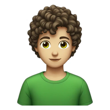 Young boy with short brown curly hair and black tee shirt and green eyes sticker