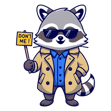 Raccoon in a trench coat and sunglasses holding sign saying “Don’t mind me, I’m here for the recs” sticker