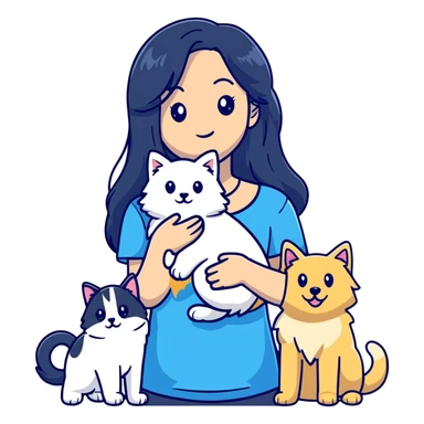 Woman with long black hair holding a blue and white long-haired cat and a golden retriever dog sticker