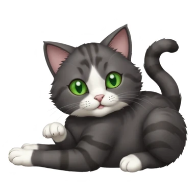 solid dark grey cat with green eyes, white toes/paws and white patch on her chest playfully rolling upside down sticker