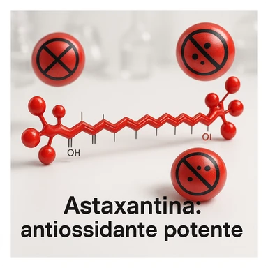 hyper realistic red astaxanthin molecule neutralizing free radicals, blocking radical symbols, scientific atmosphere, white background, text 'Astaxantina: antiossidante potente' sticker