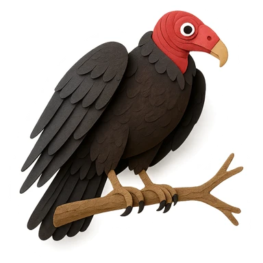 turkey vulture on a branch, layered paper details, large wings, red head, expressive eye, naturalistic pose sticker