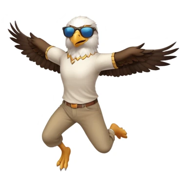 friendly anthropomorphised male eagle in a shirt and pants with sunglasses leaping energetic pose sticker