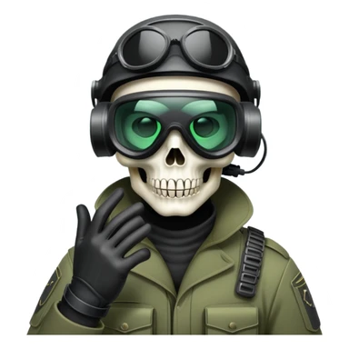 A soldier with a skull face with skull gloves with a night vision goggles sticker