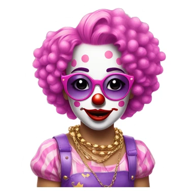 Girl Clown wearing pink sunglasses, glitter shirt, clown has pink and purple hair, gold chain,  sticker