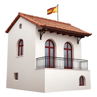 White stucco Spanish villa with red clay tile roof, arched windows, with Spanish flag (red-yellow-red horizontal stripes) hanging from the balcony sticker