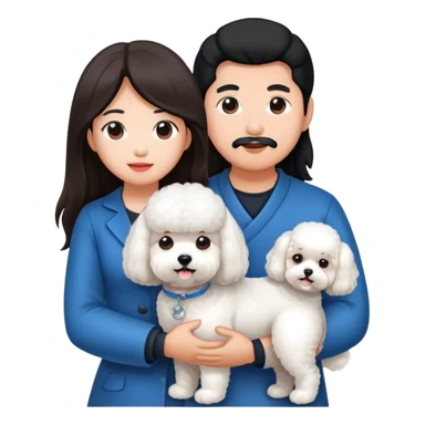 Asian man and long-haired woman with a bichon sticker